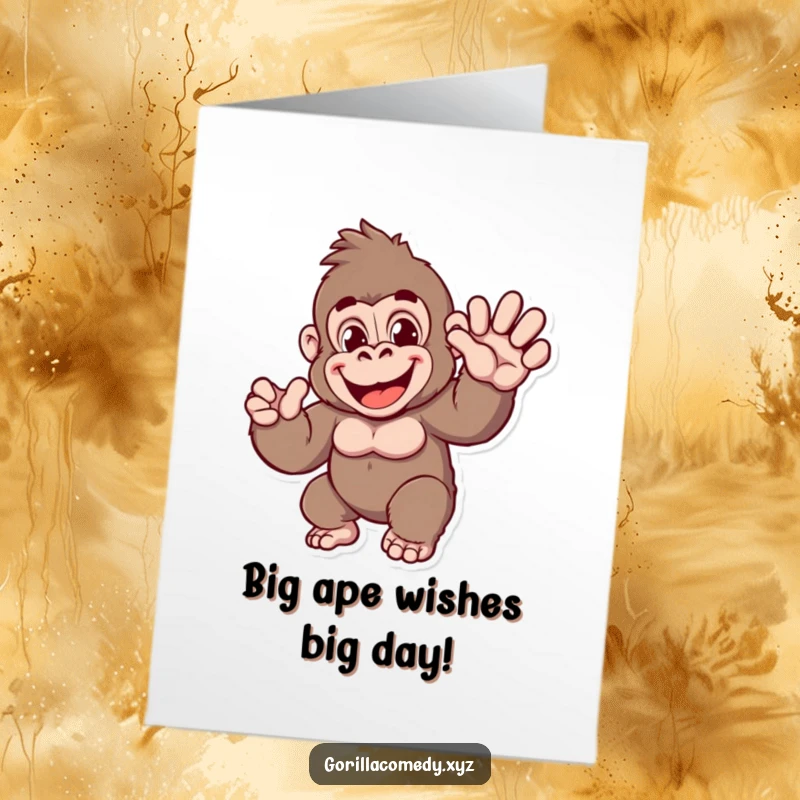 Funny Free Printable Birthday Card featuring a cheerful cartoon gorilla waving a huge, friendly hello, ready to party.