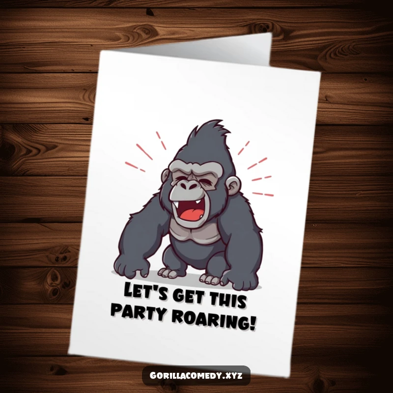 Funny Free Printable Birthday Card: a gorilla character playfully roars, surrounded by vibrant sound waves.