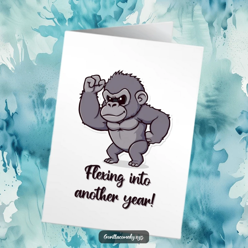 Funny Free Printable Birthday Card: Determined gorilla proudly flexing its comically tiny bicep, a strong birthday wish.