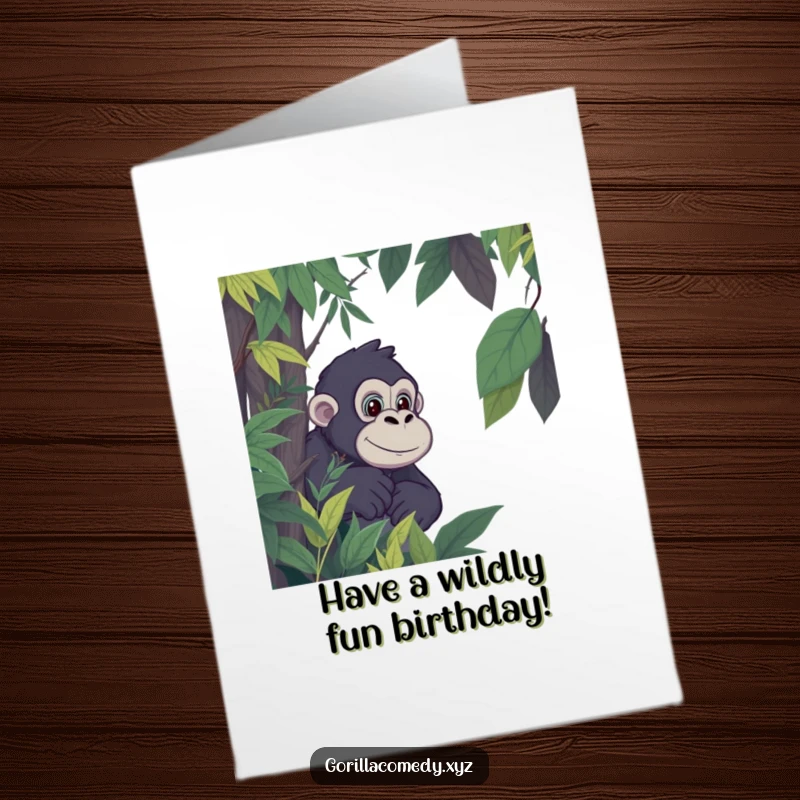 Funny Free Printable Birthday Card: A cartoon gorilla peeks curiously from behind lush jungle foliage.