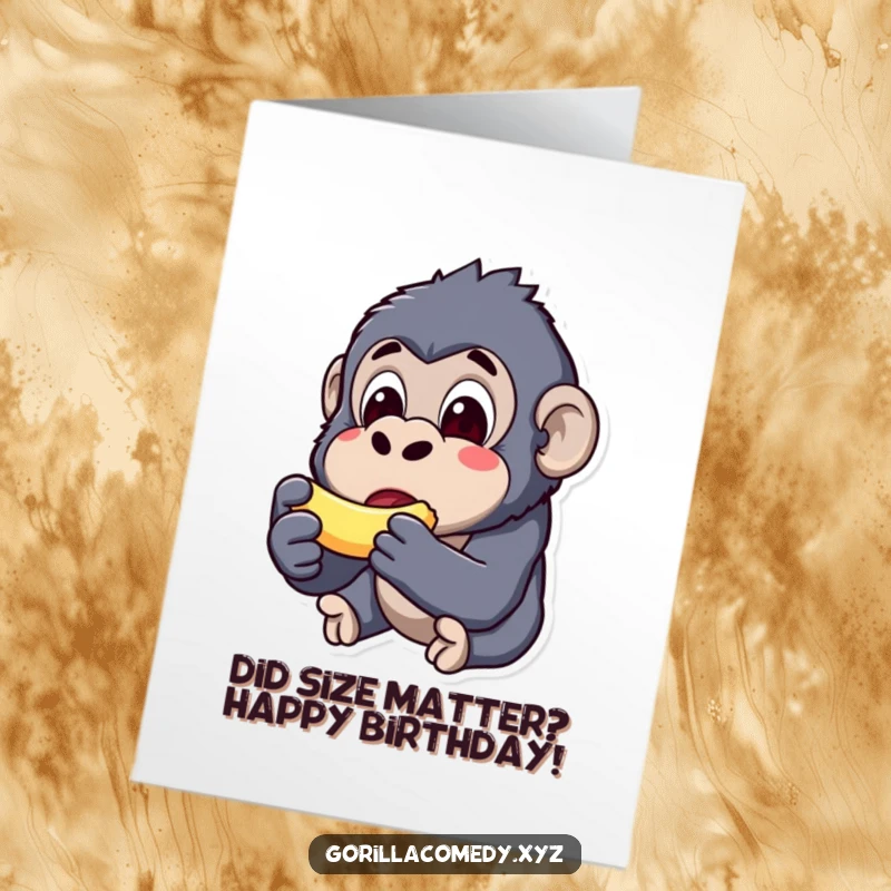 Funny Free Printable Birthday Card: Kawaii gorilla with wide eyes, shocked face, eating a minuscule banana, ready to celebrate.