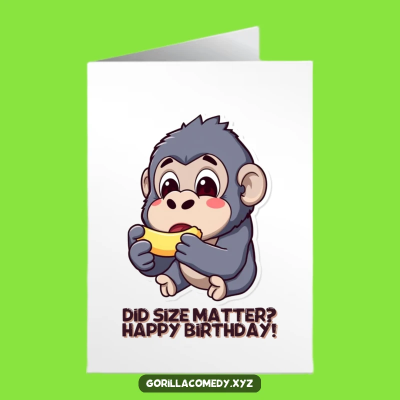 Free Printable Funny Birthday Card: Surprised Kawaii Gorilla Eating Tiny Banana - Downloadable Gift