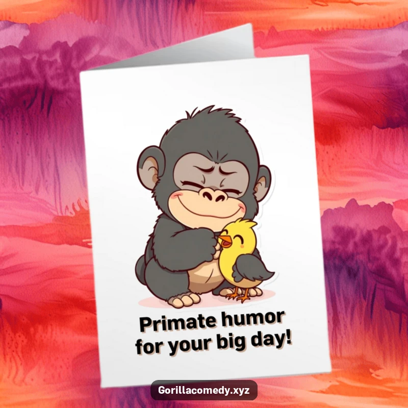 Funny Free Printable Birthday Card: Gorilla mischievously tickling a tiny bird with a huge grin.