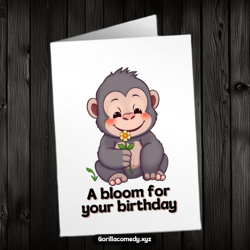 Free Printable Birthday Card: A gentle gorilla with a warm smile offers a tiny flower for a birthday wish.