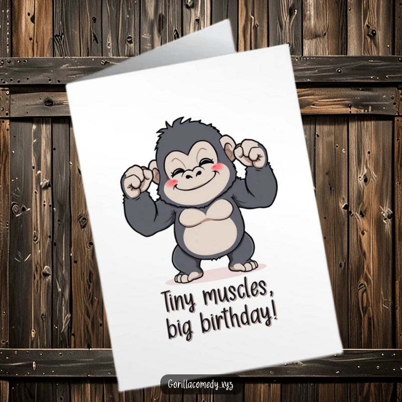 Funny Free Printable Birthday Card: Cute gorilla character grinning widely while comically flexing its surprisingly tiny biceps.