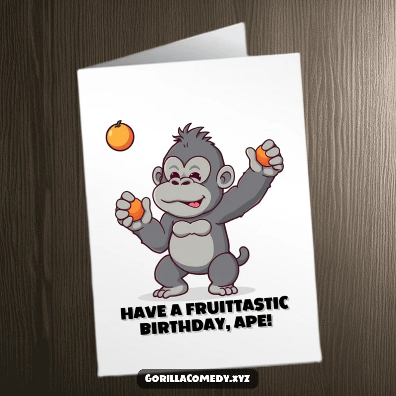 Funny Free Printable Birthday Card: A mischievous gorilla playfully tosses a small piece of fruit, grinning slyly.
