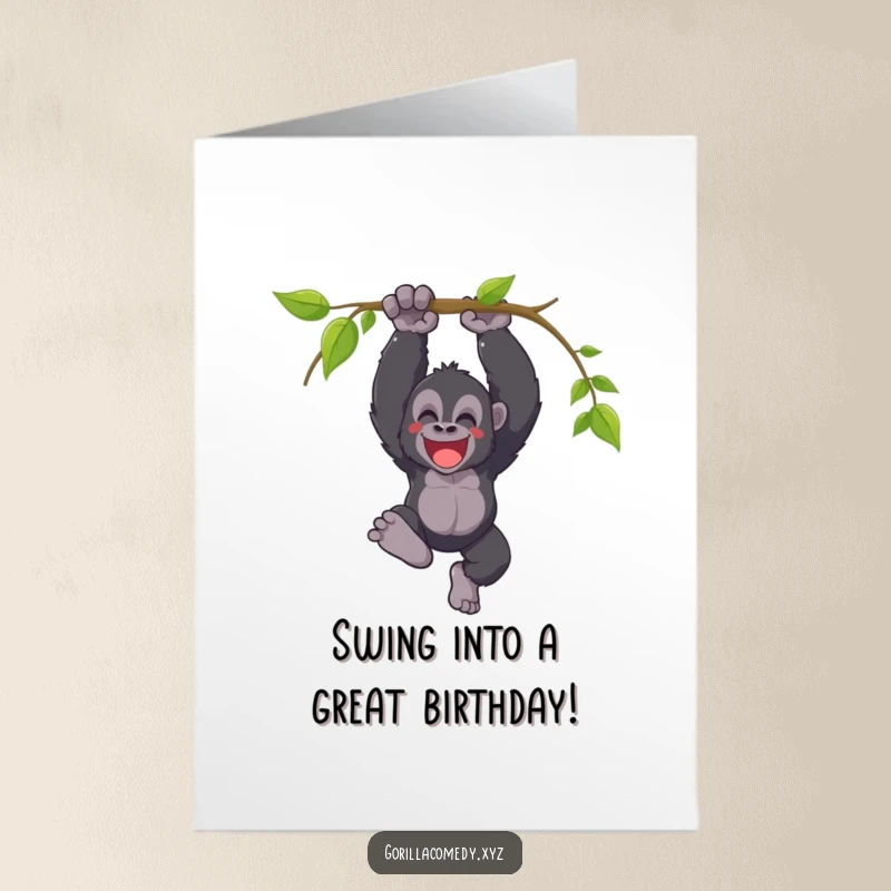 Funny Free Printable Gorilla Birthday Card: A happy gorilla swinging triumphantly from a vine with a joyful, loud yell.