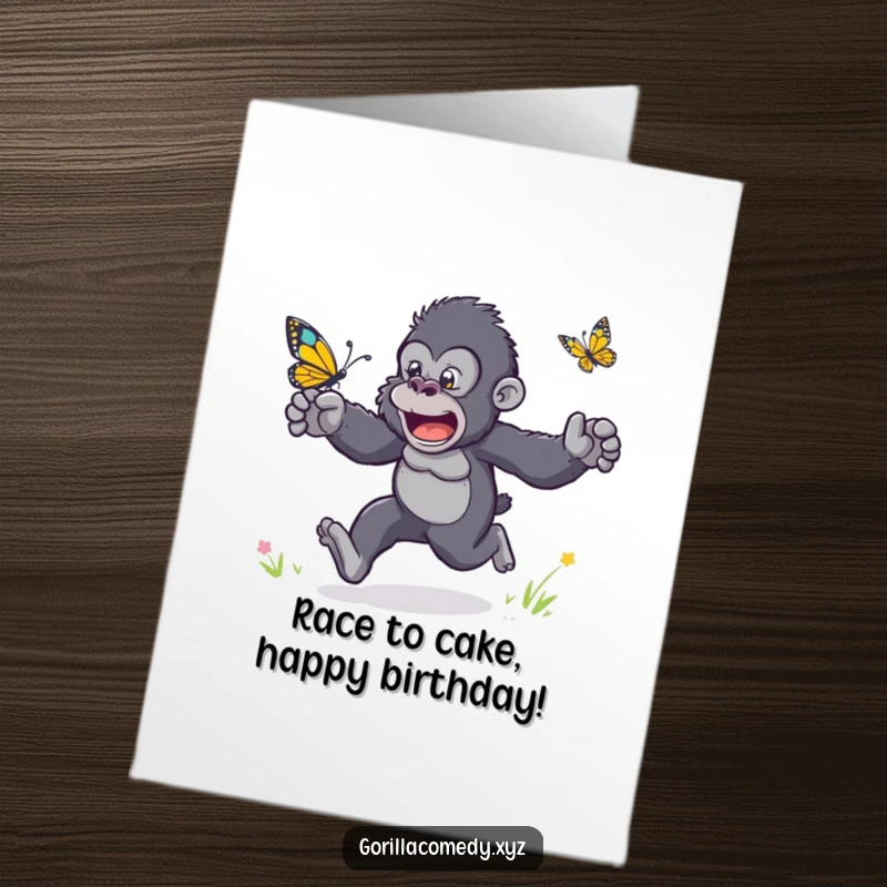 Funny free printable birthday card: a gorilla excitedly races a butterfly, arms flailing in pure exhilaration.