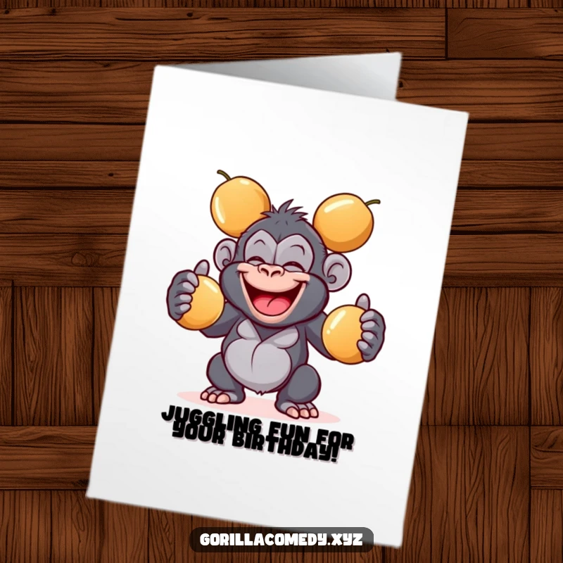 Funny Free Printable birthday card featuring a giggling gorilla with a wide grin juggling three shiny coconuts, perfect for a fun celebration.