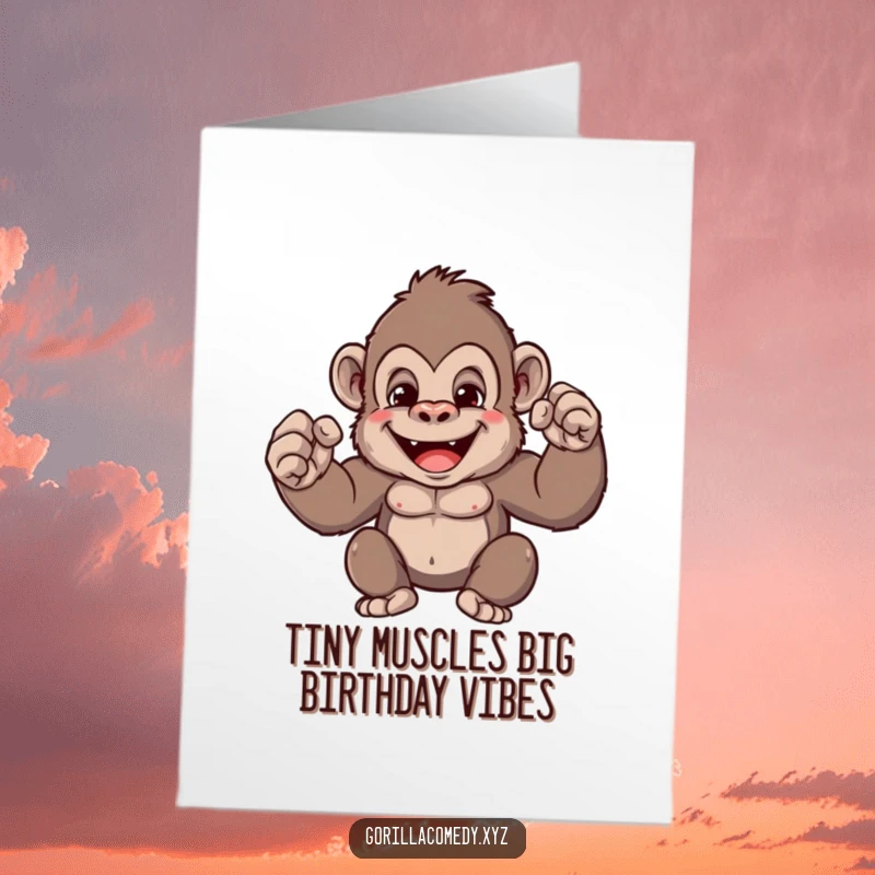 Funny Free Printable Birthday Card showing a cute gorilla with a grin, playfully flexing its comically tiny muscles, ready to celebrate.