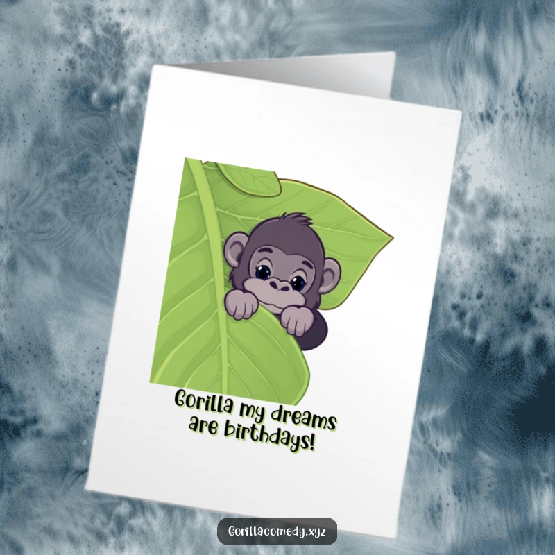 Funny Free Printable Birthday Card: A curious gorilla peeks from behind a giant leaf, eyes wide with intrigue.