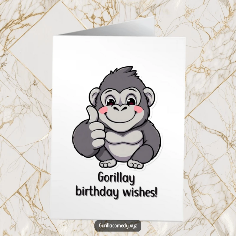 Funny Free Printable Birthday Card: Kawaii gorilla character with a huge smile giving a big thumbs up, celebrating joy.