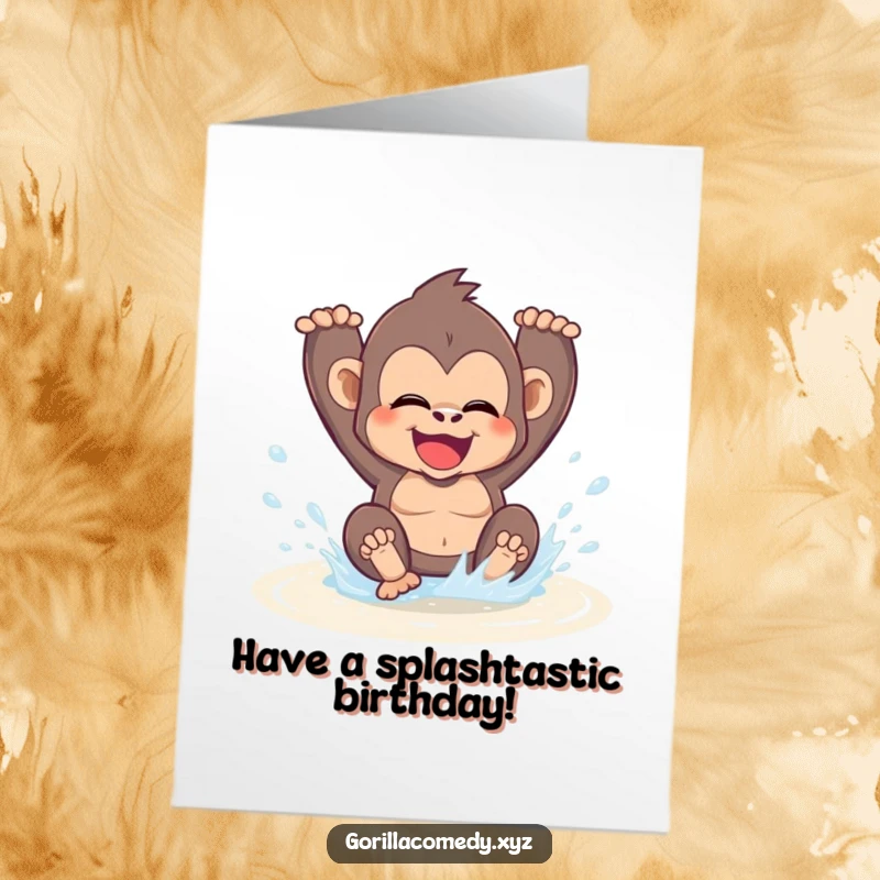 Funny Free Printable Birthday Card: A cheerful kawaii gorilla gleefully splashing water with its feet in a small puddle.
