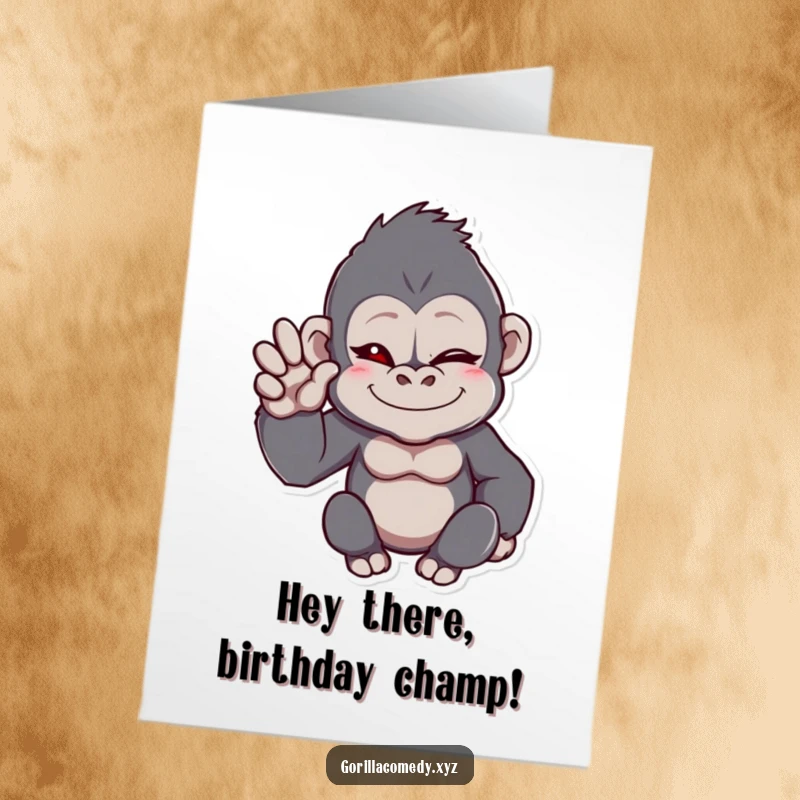 Funny Free Printable Birthday Card: A winking gorilla character with one hand raised in a friendly wave, looking cheerful.