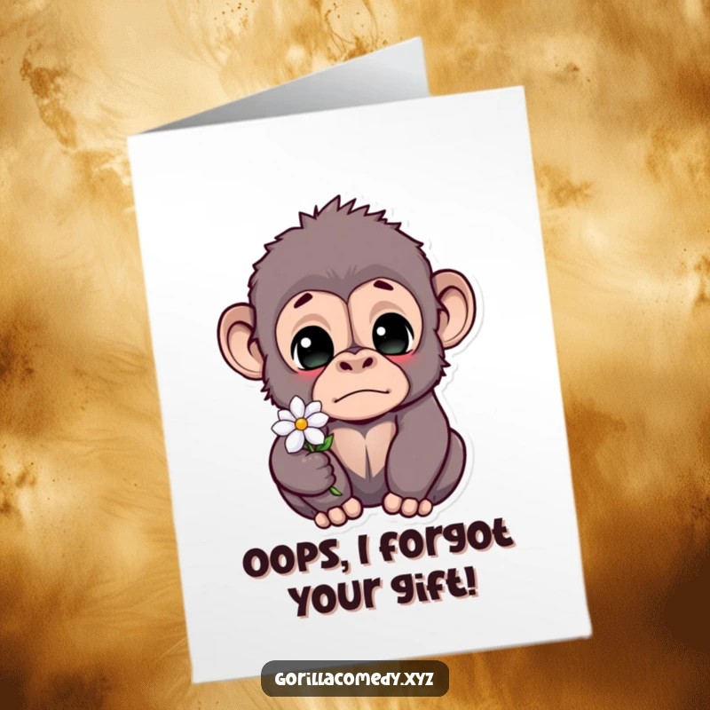 Funny Free Printable Birthday Card: Startled gorilla with wide eyes holding a tiny flower, expressing surprise.