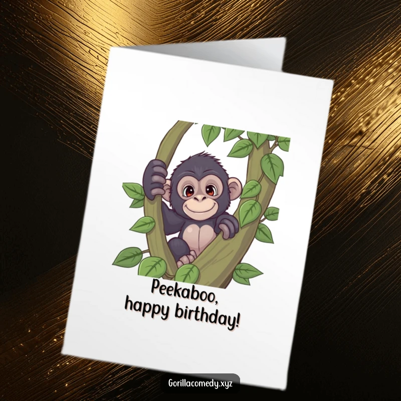 Funny Free Printable birthday card of a playful gorilla curiously peeking from behind a large vine, adding a humorous touch.