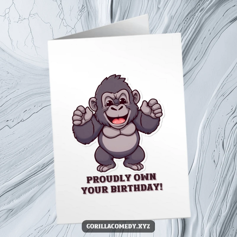 Free Printable Birthday Card featuring a cheerful gorilla rhythmically beating its chest with pride, celebrating the birthday person.