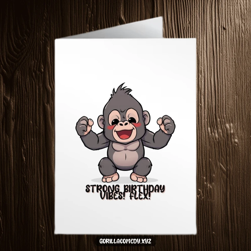 Funny Free Printable Kawaii Gorilla Birthday Card: Cute gorilla character playfully flexing its comically tiny biceps with a grin.