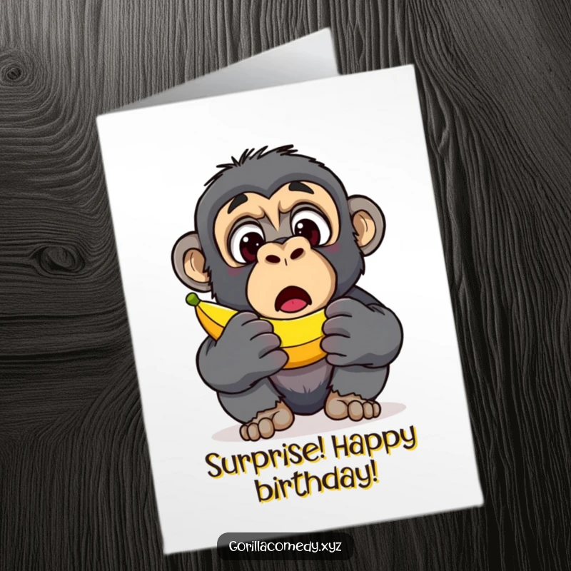Funny Free Printable Birthday Card: A gorilla with comically wide eyes looking utterly surprised upon discovering a ripe banana.