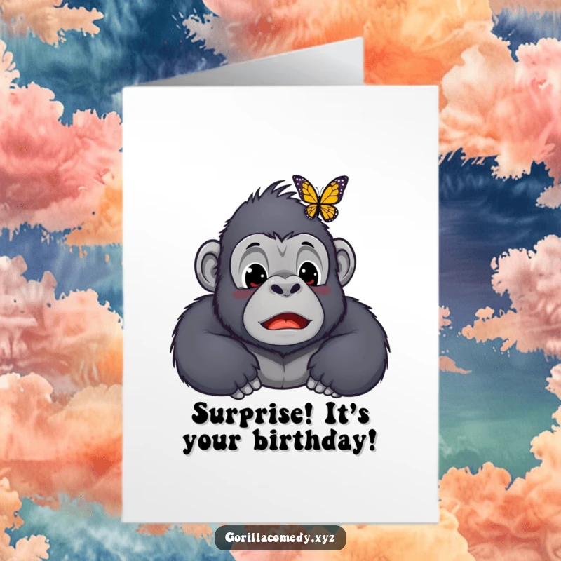 Funny Free Printable Birthday Card: Surprised Kawaii gorilla with wide eyes as a butterfly lands on its nose, a birthday surprise.
