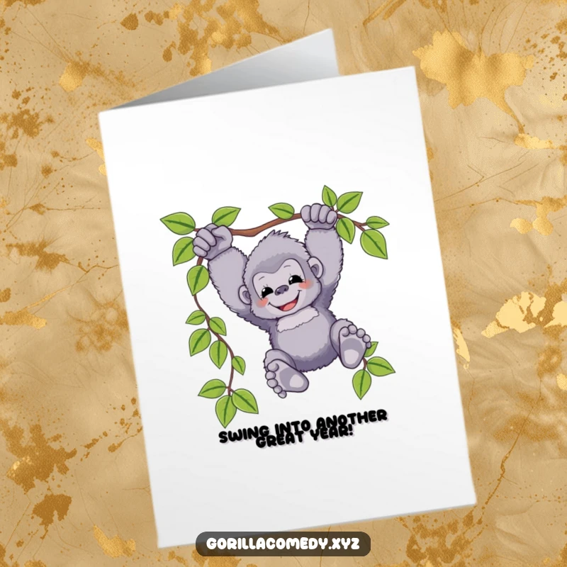 Free Printable Birthday Card featuring a fluffy gorilla happily swinging from a vine, feet dangling, spreading birthday joy.