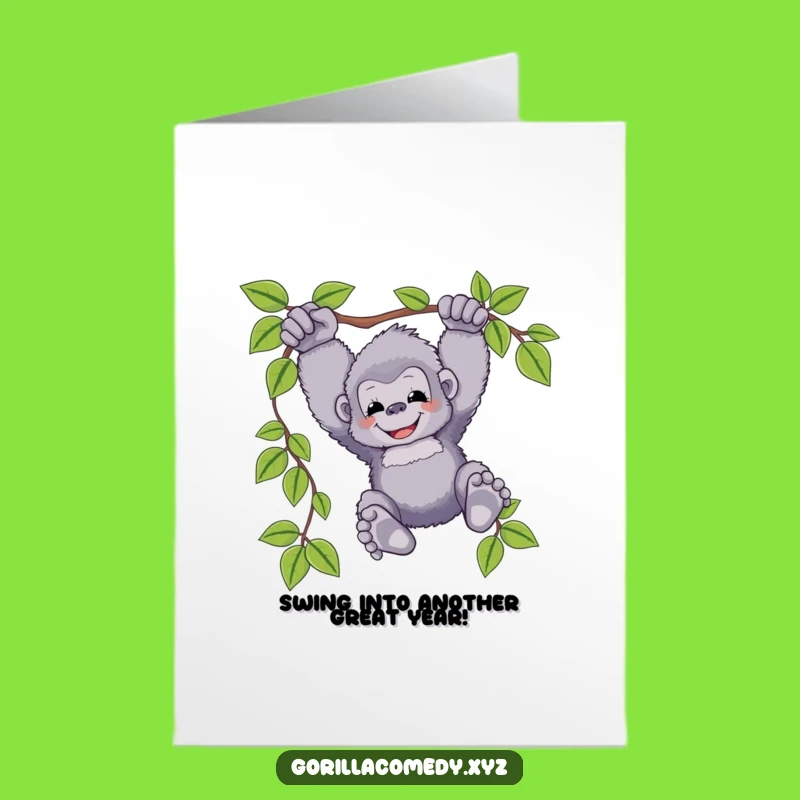 Free Printable Birthday Card: Fluffy Gorilla swinging, a swinging good time!