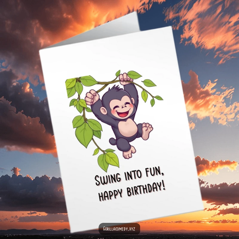 Funny Free Printable Birthday Card: A kawaii gorilla with a huge smile joyfully swinging high from a jungle vine.