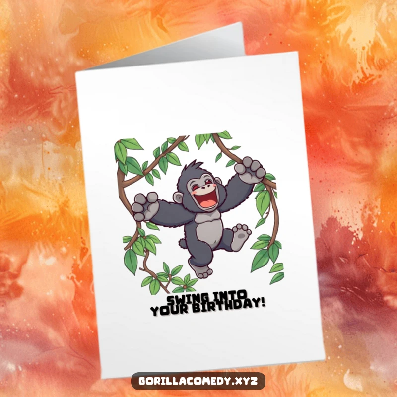 Funny Free Printable Birthday Card: Joyful Kawaii gorilla leaping through jungle vines, celebrating with primate pandemonium.