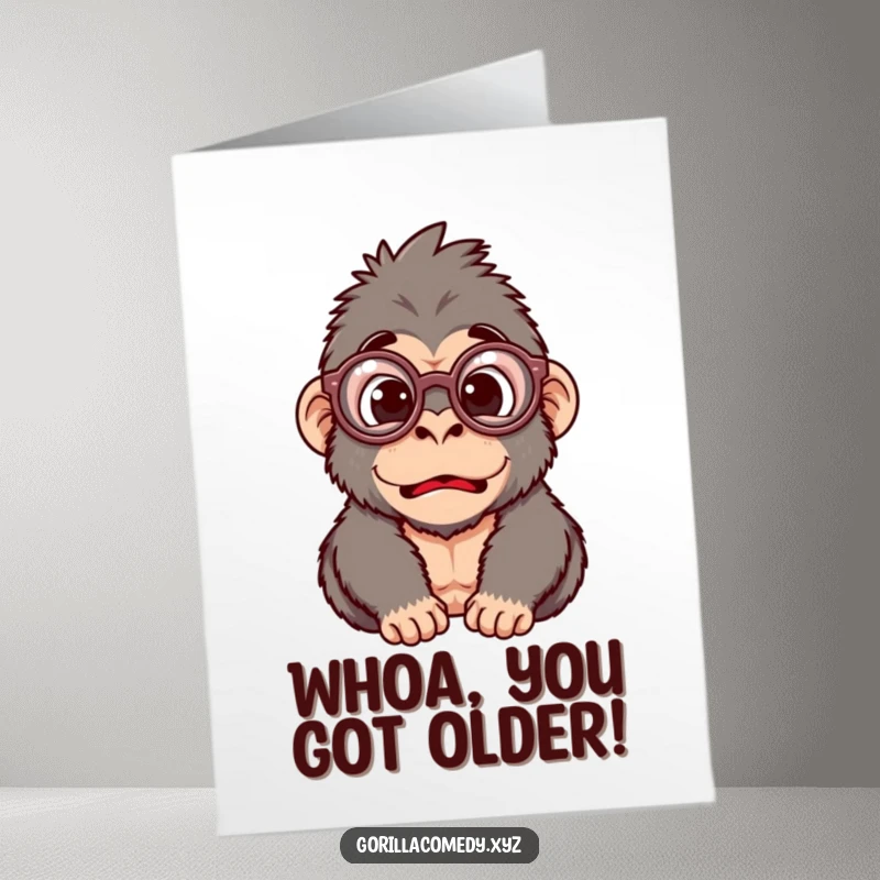 Funny Free Printable Surprise Gorilla Birthday Card with a gorilla in big glasses looking hilariously shocked.