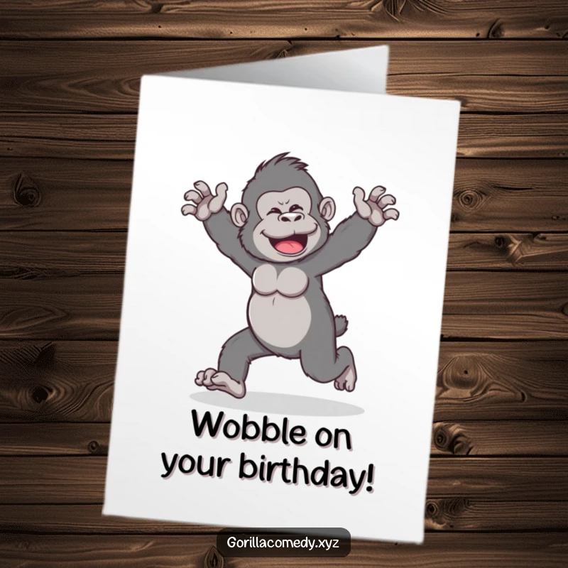 Funny Free Printable Wobbly Gorilla Birthday Card showing a gorilla doing a funny, arms-outstretched walk.