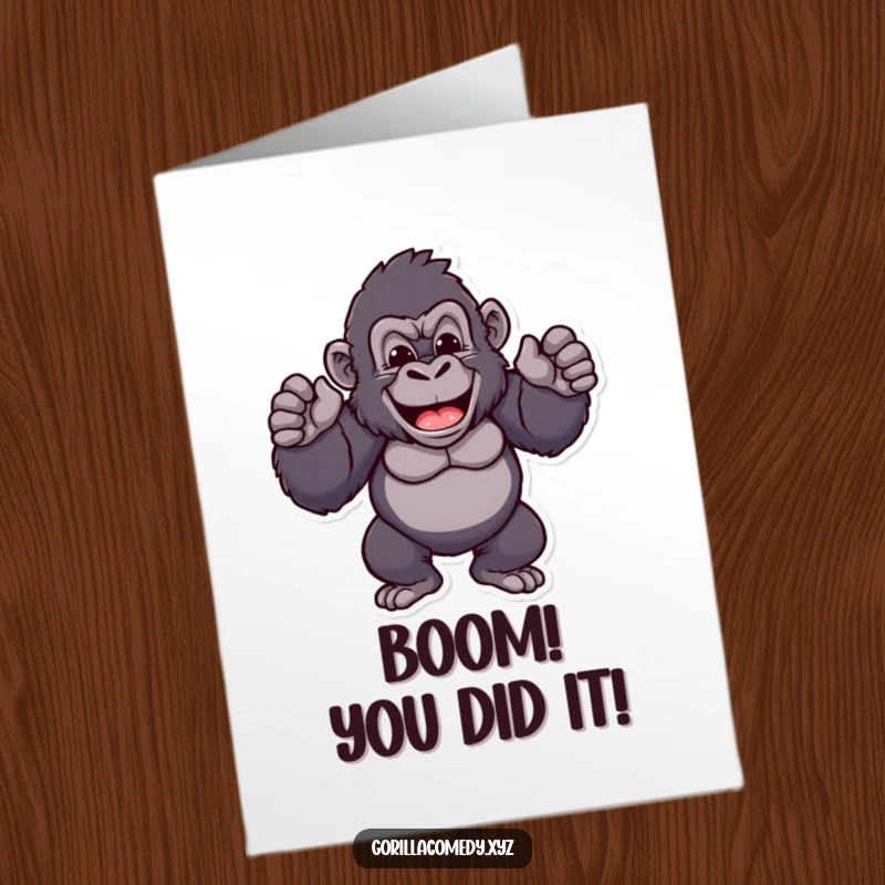 Free Printable Congrats Card showing a cheerful gorilla proudly beating its chest rhythmically to congratulate someone on their success.