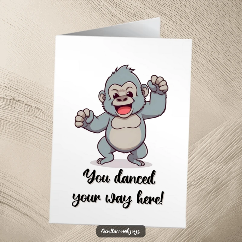 Funny free printable congratulations card showing a Kawaii gorilla dancing with shaky legs, celebrating a hilarious success.