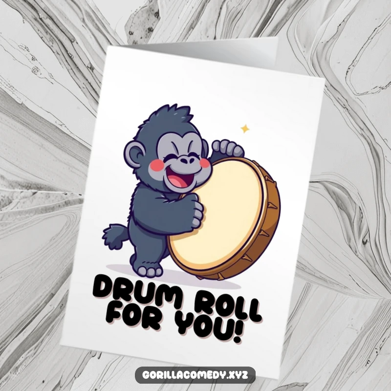 Funny Free Printable Congratulations Card: A cute kawaii gorilla happily banging a large drum to celebrate your impressive achievement.