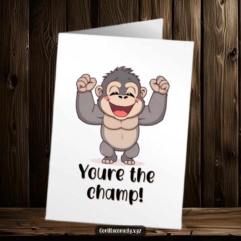 Funny Free Printable Congratulations Card: a gorilla pounds its chest, celebrating a big win with a smile.