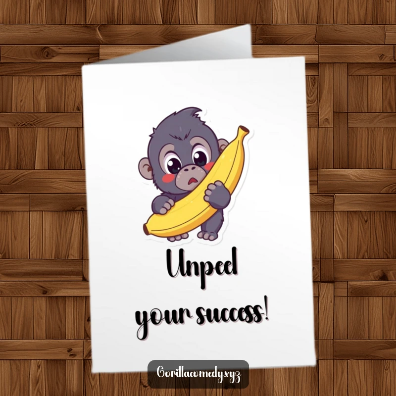 Funny Free Printable Congratulations Card: a Kawaii gorilla looks surprised holding a giant banana, celebrating a win.