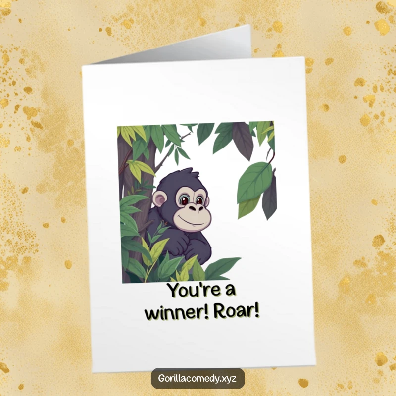 Funny Free Printable Congrats Card: A gorilla character playfully peeks out from dense, green jungle leaves.