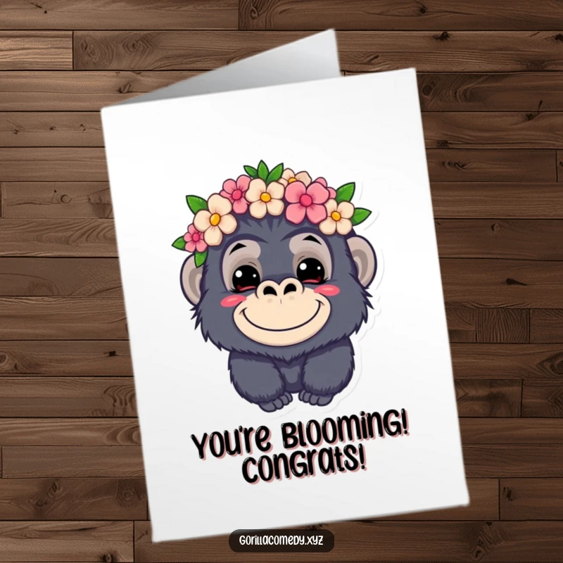 Funny Free Printable Congrats Card: A kawaii gorilla with a cheeky grin and a flower crown, celebrating success.