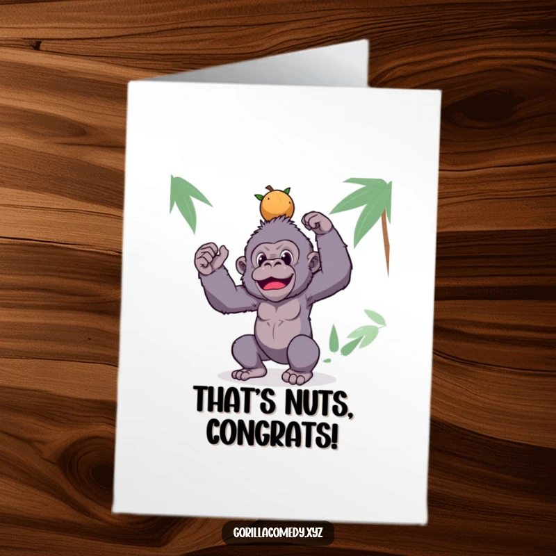 Funny Free Printable Congratulations Card: A comical gorilla balances a tower of coconuts on its head, celebrating a fantastic accomplishment.