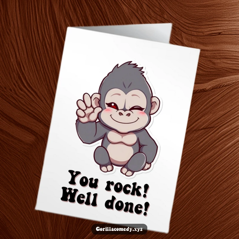 Funny Free Printable Congratulations Card: A winking gorilla character giving a friendly wave with one hand raised.