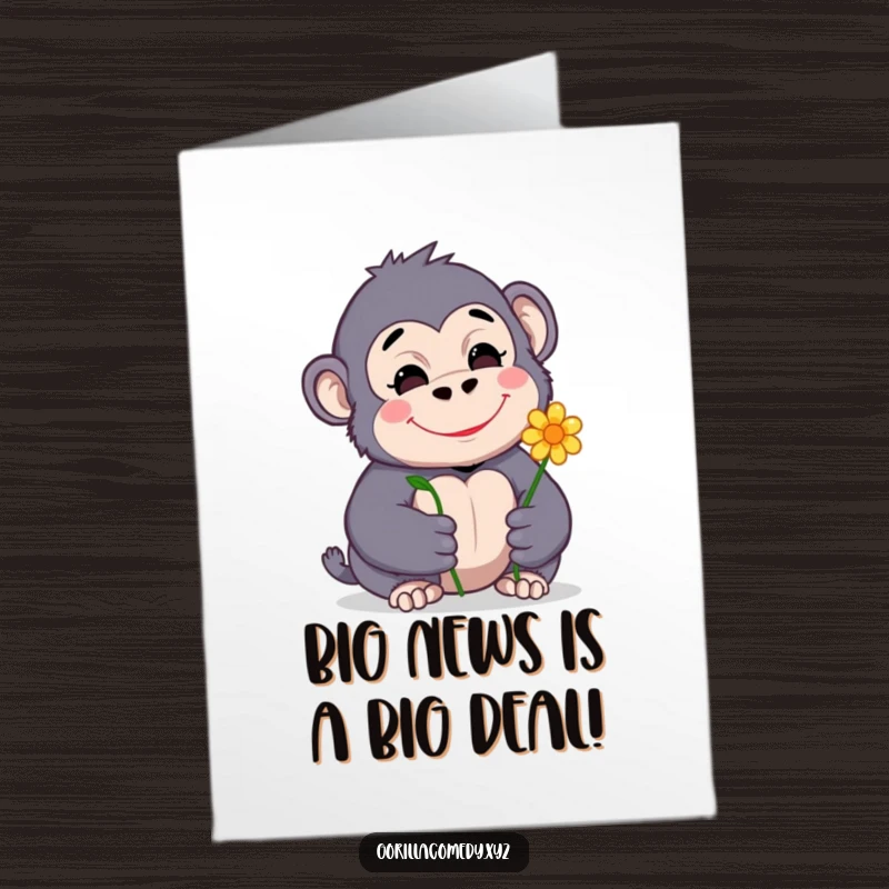 Funny Free Printable Congratulations Card: a shy gorilla character happily offers a single flower.