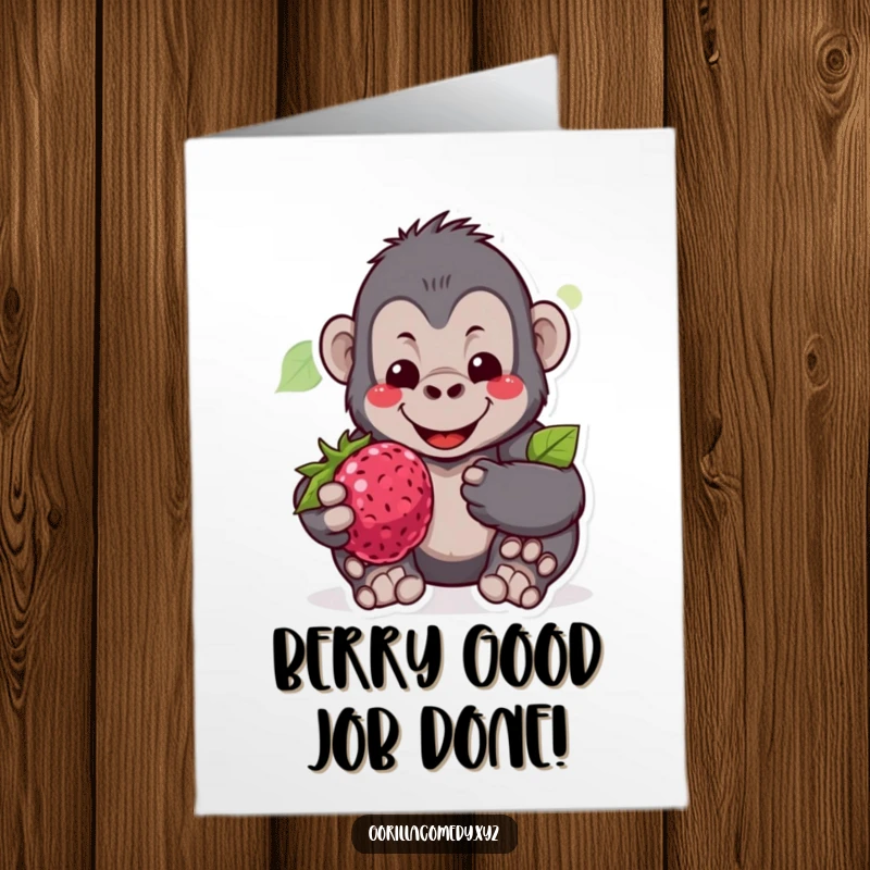 Funny Free Printable Gentle Gorilla Congratulations Card showing a gorilla offering a berry to celebrate success.