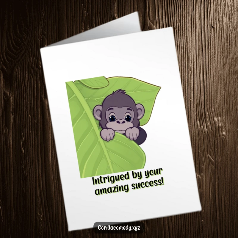 Funny Free Printable Congratulations Card: A curious gorilla peers over a large leaf, observing an event with intrigue.