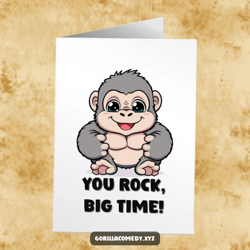 Funny Free Printable congratulations card featuring a cheerful gorilla joyfully pounding its chest, perfect for celebrating success.