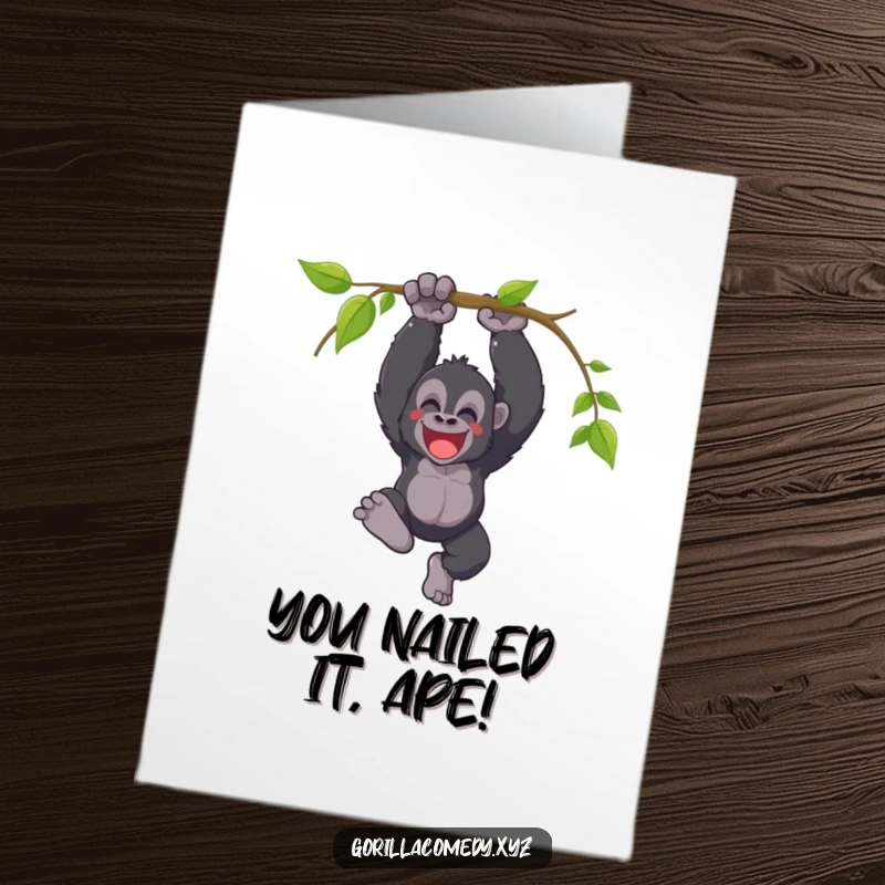 Funny Free Printable Gorilla Congratulations Card: A gorilla swings from a vine, yelling triumphantly to celebrate success.