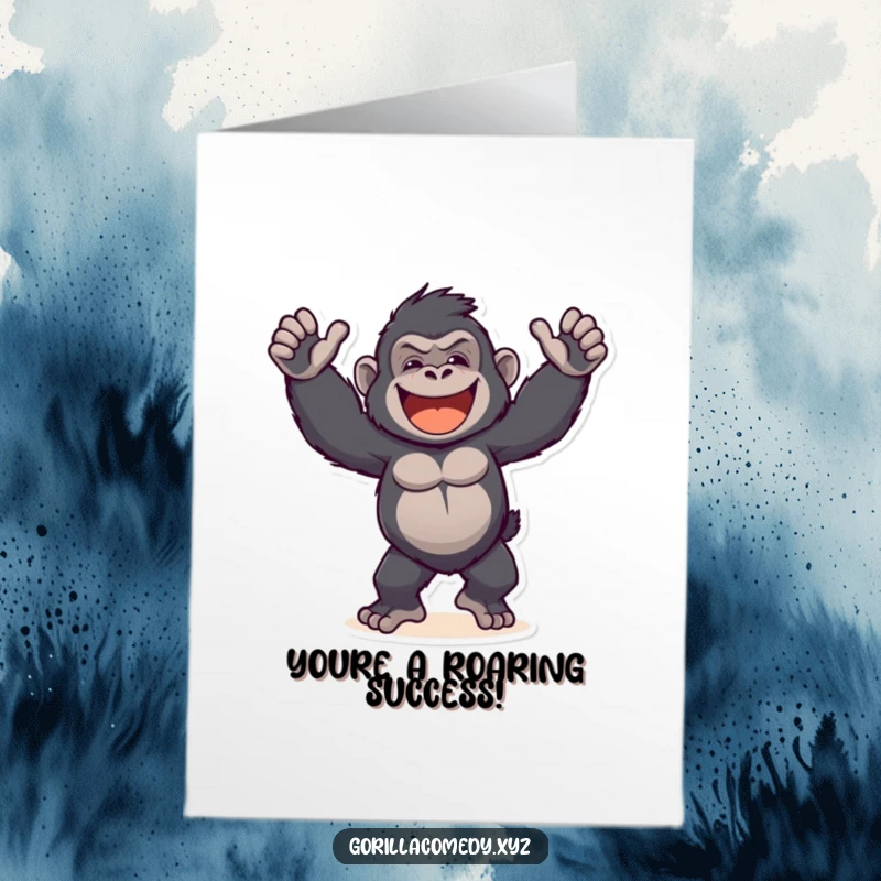 Free Printable Congratulations Card showing a joyful gorilla dancing energetically with arms wide, celebrating success.