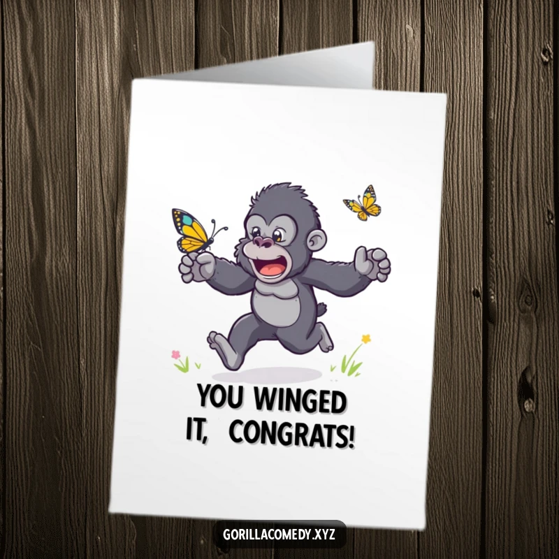 Funny free printable congratulations card depicting a gorilla racing a butterfly with flailing arms, symbolizing a thrilling win.