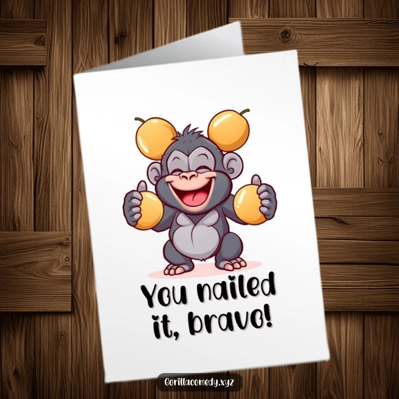 Funny Free Printable congratulations card of a giggling gorilla juggling shiny coconuts, ideal for celebrating achievements with humor.