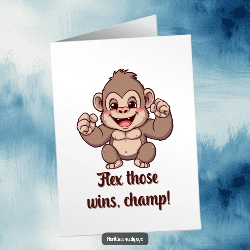 Funny Free Printable Congrats Card featuring a cute gorilla grinning and flexing its comically small muscles to celebrate an achievement.