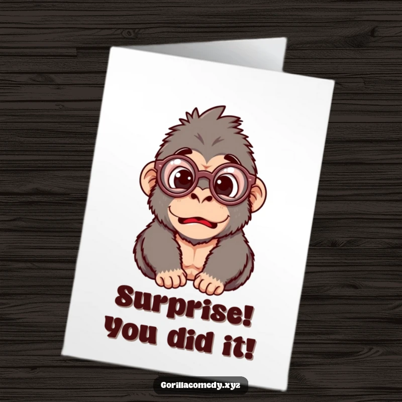 Funny Free Printable Surprise Gorilla Congratulations Card showing a gorilla with big glasses reacting with shock.