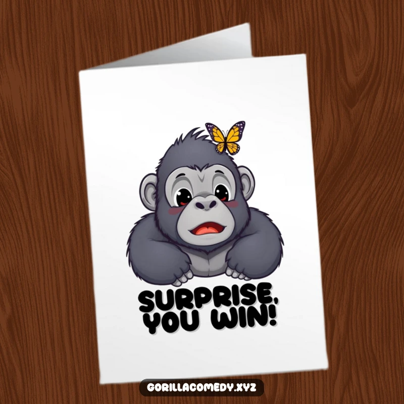 Funny Free Printable Congrats Card: Astonished Kawaii gorilla with a butterfly on its nose, celebrating your achievement with surprise.